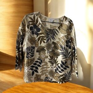 2-piece, Hot Cotton Beige and Black Floral Long Sleeve Top and Pants